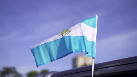 The Argentine flag, with its iconic Sun of May, waving proudly in the wind Stock Footage 318220889