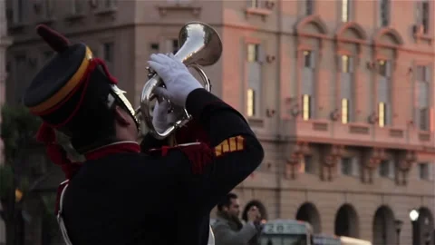 Argentine Grenadier Playing Bugle at Flag Ceremony, Buenos Aires - Closeup Stock Footage 122226810