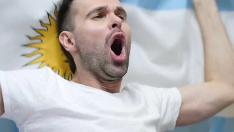 Argentinian Fan celebrating while holding the Flag of Argentina in Slow Motion Video stock 89401861