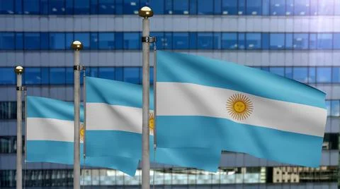 Argentinian flag waving in a modern skyscraper city. Tall tower Argentine ban Stock Illustration