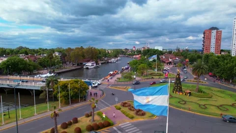 Argentinian Flag Waving on Roundabout of Delta del Parana, Tigre, Aerial Video stock 227293058