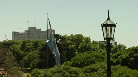 Argentinian flag waving in the wind. Park trees and a lamp visible. Stock Footage 160257541
