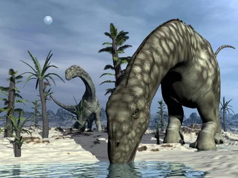 Argentinosaurus dinosaur drinking - 3D render Illustrazione stock