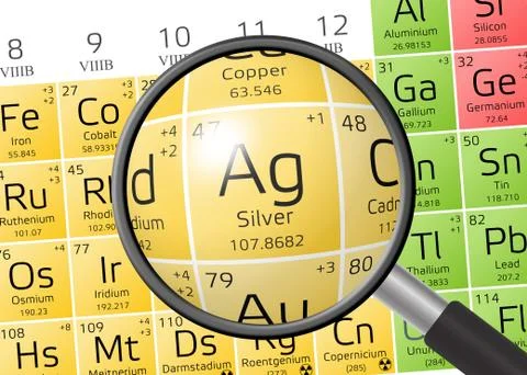 Argentum or Silver from Periodic Table of the Elements with magnifying glass 스톡 일러스트