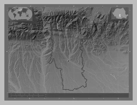 Arges, Romania. Grayscale elevation map with lakes and rivers イラスト素材