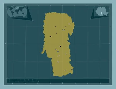 Arges, Romania. Solid color shape. Locations of major cities of the region Illustrazione stock