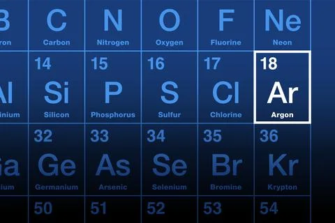 Argon element on the periodic table, noble gas with symbol Ar Ilustración de archivo