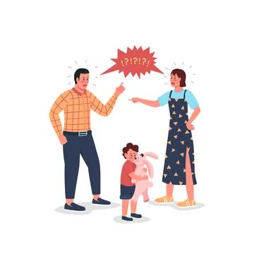 Arguing parents with scared child flat color vector detailed characters Stock Illustration