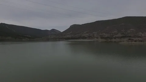 Arguis, Spain, dam, aerial footage, pre-Pyrenees Stock Footage