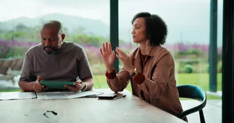 Argument, document and couple with tablet in home, bankruptcy crisis and online Stock Footage 335531990