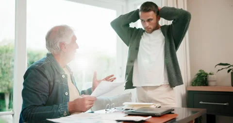 Argument, senior dad or man in home with paper, payment pressure or bankruptcy Stock Footage 341376465