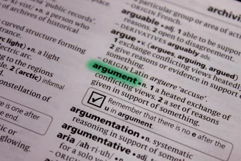 Argument word or phrase in a dictionary. Stock Photos