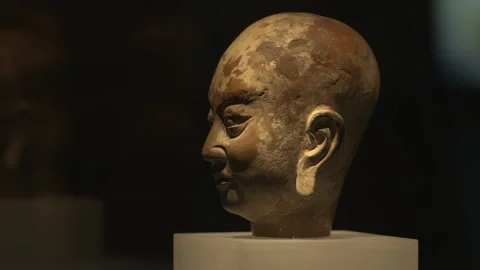 Arhat head in Xixia painted clay sculpture in Xixia Museum, Yinchuan, Ningxia. Stock Footage 248495306