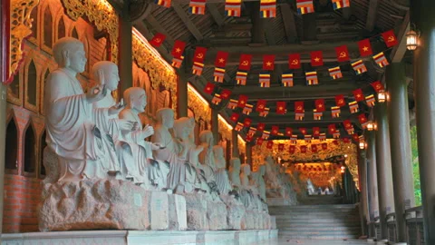 Arhat Statues Lined Along a Decorated Corridor at Bai Dinh Pagoda Stock-Footage 331062137