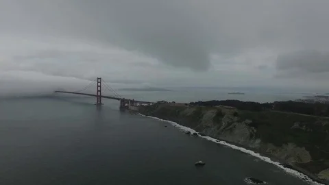 Arial Drone Side Shot of Golden Gate Bridge on Foggy Day Stock Footage 84038684