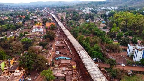 Arial drone view of bridge construction in city HD Fotos de archivo