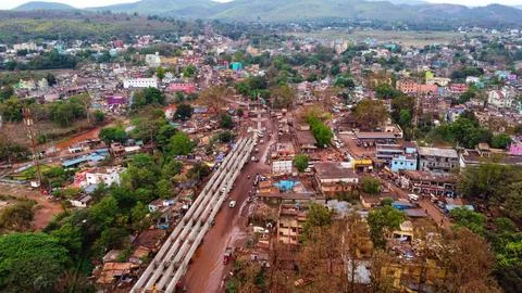 Arial drone view of bridge construction in city HD Fotos de archivo