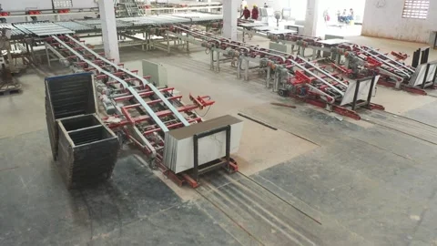Arial drone view of the ceramic tiles packing department in the factory Stock Footage 306220152