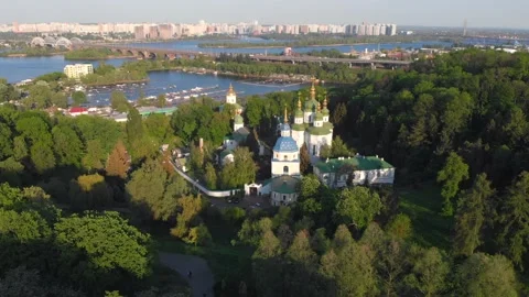 Arial drone View of church in the botanical garden in Kyiv Stock Footage 200669677