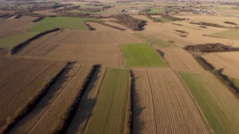 Arial drone view of freshly plowed field for new planting and seeding Stock Footage 153372906