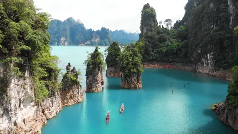 Arial drone view over Khao Sok, Cheow Lake in Thailand Stock Footage
