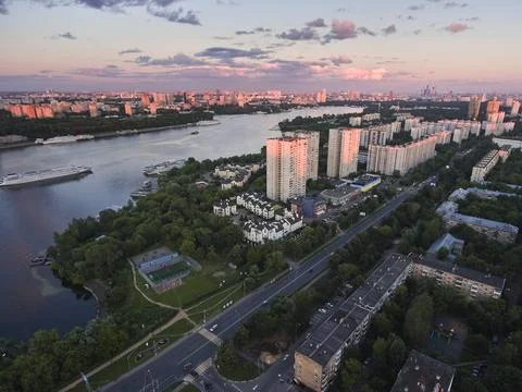 Arial landscape panoramic view from drone Moscow sunset river and building Stock Photos