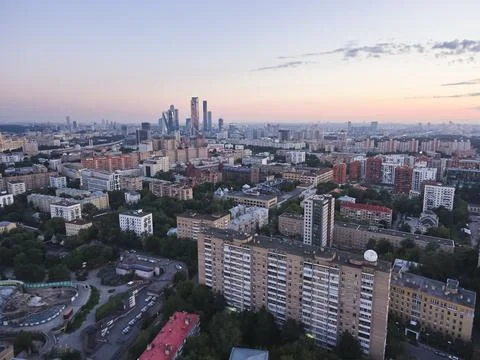 Arial landscape panoramic view from drone Moscow golden hour Stock Photos
