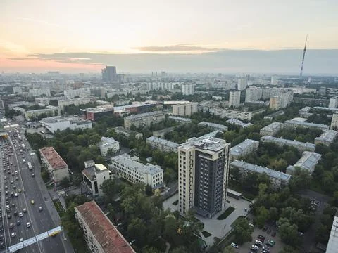 Arial landscape panoramic view from drone Moscow Ostankino TV tower sunset Stock Photos