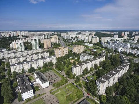 Arial landscape panoramic view school in microdistrict from drone Zelenograd Stock Photos