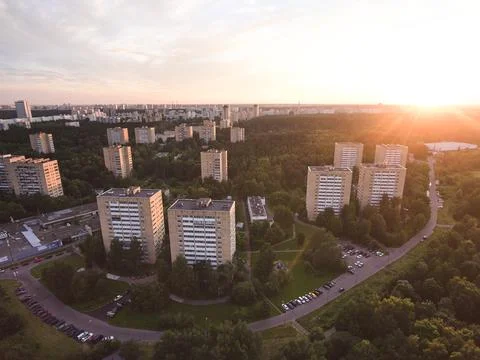 Arial landscape panoramic view sunset residential in forest from drone Stock Photos