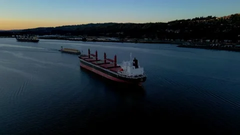 Arial Panorama of  Large Ship on Columbia River Stock Footage 248662853