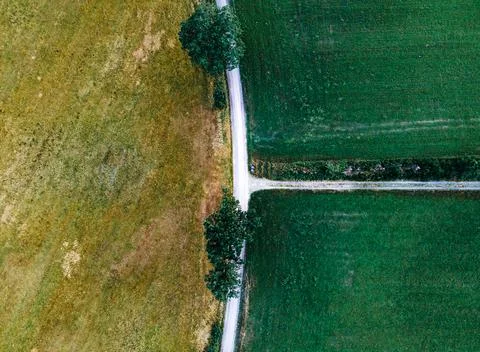 Arial photo of fields in different colour with a tiny road and some trees Stock Photos