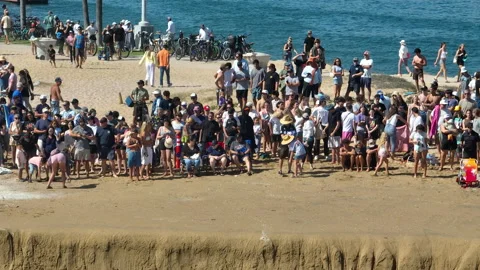 Arial pull back shot of people at Newport Beach, waiting for a large waves Stock Footage 339376056
