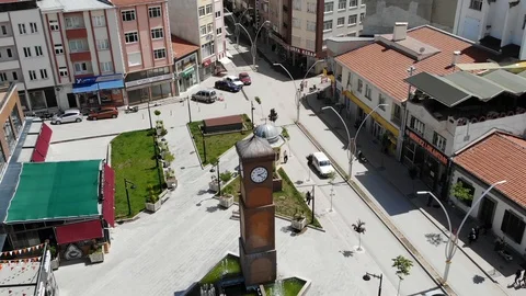 Arial shoot of clock tower in the center of Sandikli Stock Footage 128924274