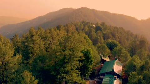 Arial shot of beautiful huts in forest in hilly area of Pakistan (3) Stock Footage 210855065