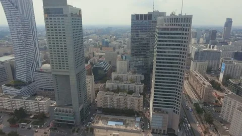 Arial shot between modern high building, in the business center Poland Stock Footage 85434795