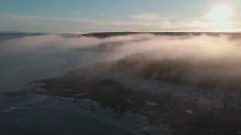 Arial shot of fog rolling through the trees and ocean Video stock 248195497