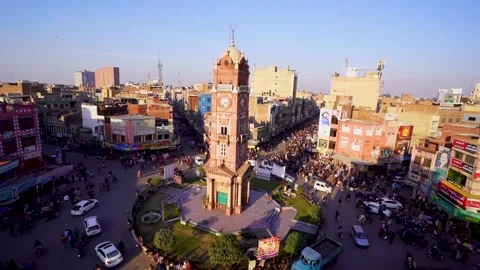 Arial shot of Time-lapse of clock tower of Faisalabad in Pakistan Stock Footage 199270782