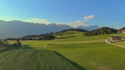 Arial Shot Tirol Fields Karwendel on sunny day beautyful Stock Footage 92615314