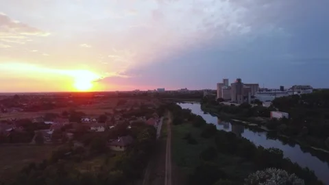 Arial Sunset of City Landscape with River. Stock Footage 340964990