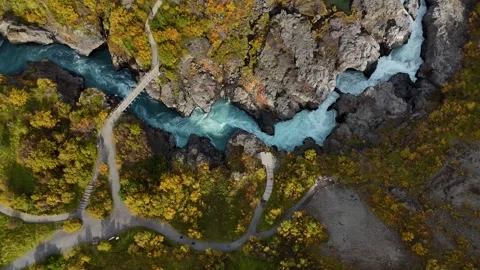 Arial view of Barnafoss waterfall in Iceland Stock Footage 320588754