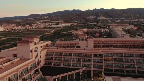 Arial View Big Hotel Complex Rocky Coastline After Sunset Tenerife Spain Stock Footage 104398604