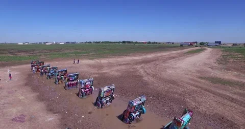 Arial view of Cadillac Ranch, public art Video stock 57928448