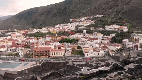 Arial View Coastline With Pools Garachico Small Town At Sunset Tenerife Spain Stock Footage 104404573