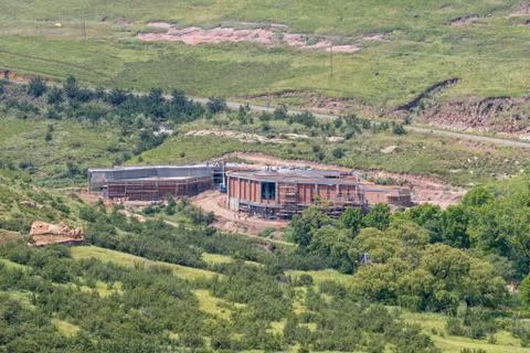 Arial view of the dinosaur interpretive centre at Glen Reenen Foto stock