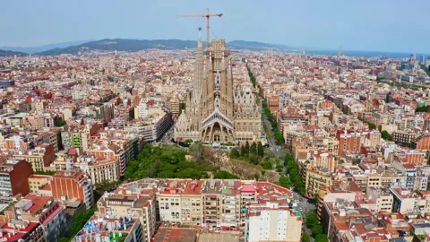 Arial view drone shooting cathedral temple Expiatori La Sagrada Familia in Stock Footage 202527794