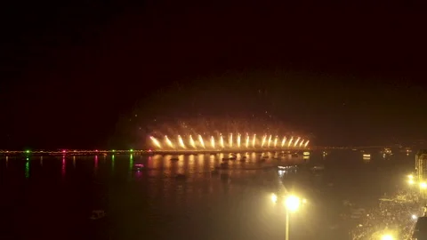 Arial View of Fireworks Show at Ghats Of Banaras, Uttar Pradesh Stock Footage 317323933