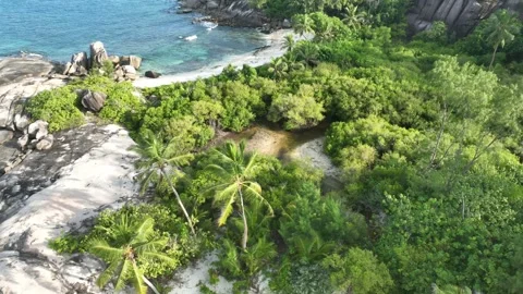 Arial View, Flight over they bay of Port Glaud, seychellen, Mahe, .Port Glaud Stock Footage 340665807