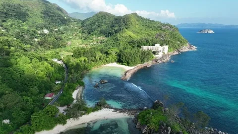 Arial View, Flight over they bay of Port Glaud, seychellen, Mahe, .Port Glaud Stock Footage 340665995