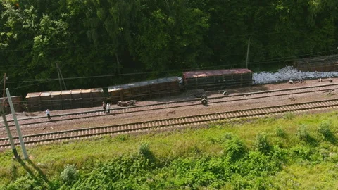 Arial view. Freight train accident, transport derailment, damaged of train Stock Footage